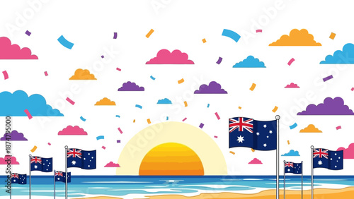 Vibrant Australian beach scene with flagpoles, sunrise, and confetti, celebrating national pride and summer holidays