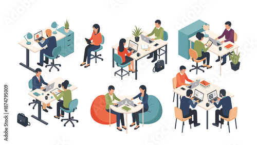 Multiple scenes of people working together at desks and tables, depicting collaboration, teamwork, and modern office environments in various settings.