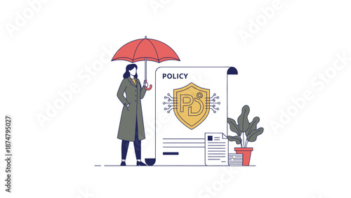 Woman Holding Umbrella Over Policy Document Shield.