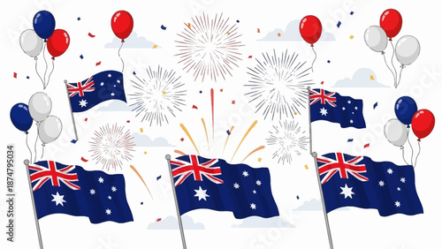 Australian National Day Celebration with Fireworks and Flags