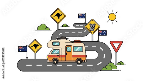 Exploring the Vast Australian Outback in a Campervan, with Road Signs Featuring Kangaroos and Koalas