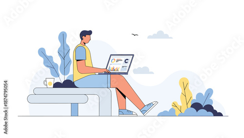 A person working outdoors on a laptop amidst nature, symbolizing remote work, freelancing, digital nomad lifestyle, and work-life integration.