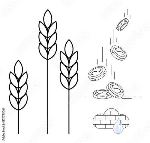 Agricultural management, sustainability, economic growth, investment, crop production, climate impact. Wheat stalks, coins cloud with water drop. Agriculture and sustainability concept