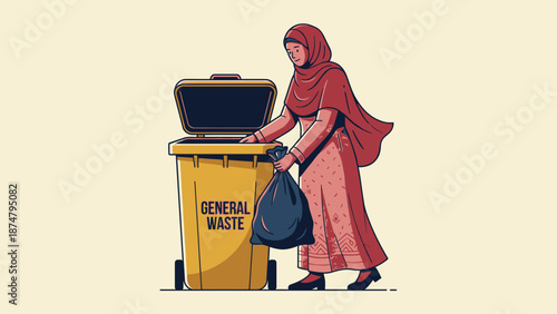 Woman in hijab disposing of trash in a general waste bin.