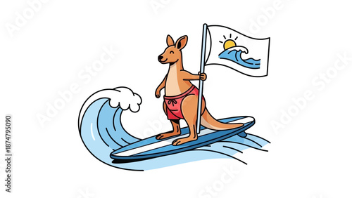 Surfing Kangaroo Riding a Wave with a Flag Featuring a Sun and Waves
