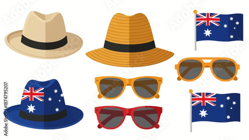 Collection of Australian themed accessories including hats, sunglasses, and flags, perfect for travel and national pride