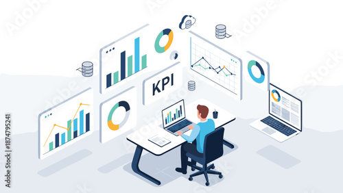 A person analyzing data on multiple screens and laptops, surrounded by charts and graphs, representing KPI tracking, business analytics, and data-driven decision making.