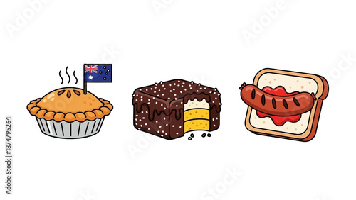 Collection of Delicious Baked Goods and Savory Snacks, Including a Pie with a Flag, a Chocolate Cake, and a Hot Dog Sandwich