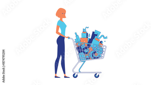 Woman Pushing Full Shopping Cart With Groceries and Household Items.