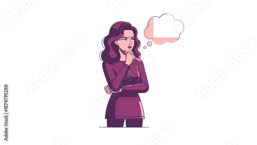 Woman thinking with a thought bubble above her head.