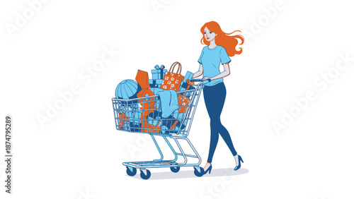 Woman Pushing Full Shopping Cart.