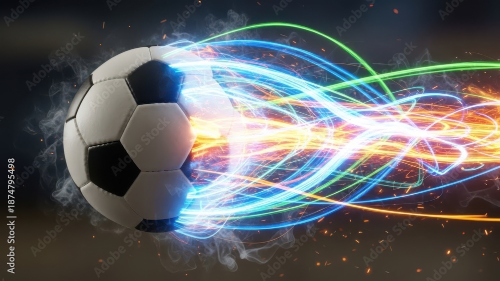 Naklejka premium A soccer ball with vibrant, swirling lights and smoke effects on a dark background, conveying energy and movement.