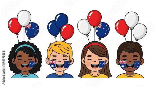 Illustration of four diverse children with Australian flags painted on their faces and balloons celebrating Australia Day