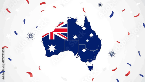 Illustration of the map of Australia featuring the national flag with confetti and starbursts on a white background, celebrating Australian patriotism and national pride