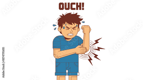 Young boy experiencing elbow pain and discomfort.