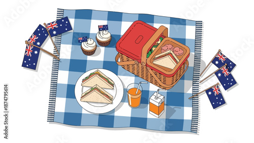 Picnic setup with Australian flags, cupcakes, sandwiches, and juice on a checkered blanket