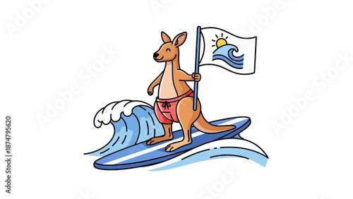 Surfing Kangaroo Riding a Wave with a Flag, Representing Adventure and Coastal Fun
