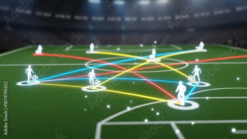 A soccer team uses a tactical strategy diagram on a green football field with colorful lines and player icons.
