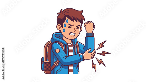 Young boy experiencing elbow pain and discomfort.