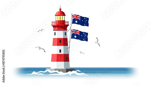 Iconic Australian Lighthouse with Flags Flying High Over the Ocean Waves