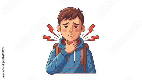 Young boy suffering from a sore throat and illness.