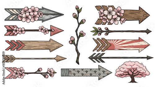 Collection of decorative floral arrows and branches in pastel colors