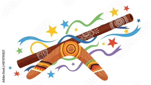 Australian Indigenous Culture Symbols Boomerang and Didgeridoo illustration with vibrant decorative elements and starry background