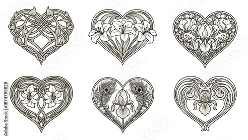 Set of six ornate heartshaped line art illustrations for design