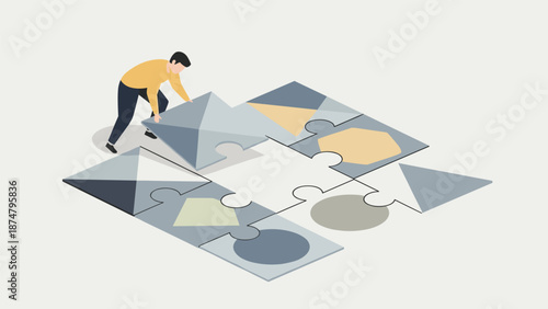 A person assembling geometric puzzle pieces, symbolizing problem-solving, strategy, and building complex structures or solutions.