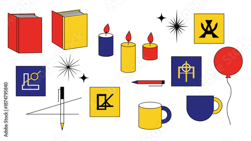 Collection of colorful stationery and celebration items