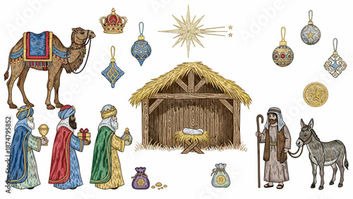 Nativity scene with wise men, animals, and stable in traditional setting