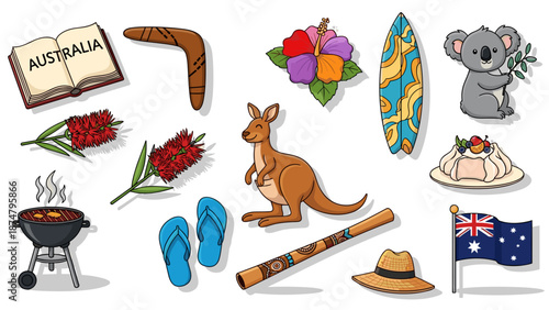 Collection of australian cultural symbols and iconic items