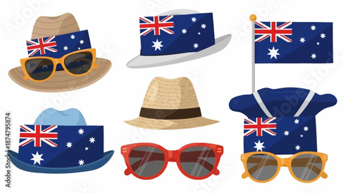 Australian themed hats, sunglasses and flag showcasing national pride and festive spirit for celebrations and events