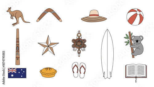 Collection of summer vacation items including hat surfboard and koala