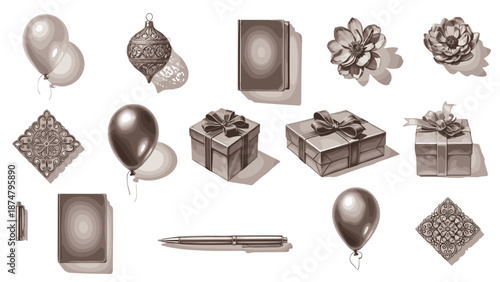 Collection of decorative gift boxes and balloons for celebration