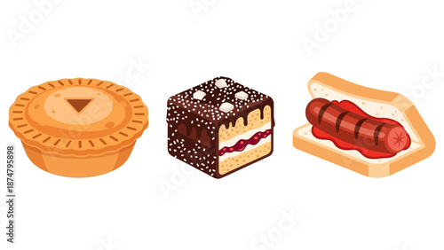 A sweet dessert cake, a savory meat pie, and a classic hot dog in a bun with ketchup, displayed in a row on a white background