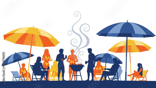 Summer barbecue party with family and friends enjoying outdoor food and drinks under umbrellas on a sunny day