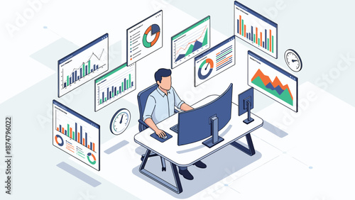 A person at a curved monitor surrounded by data visualizations, charts, and graphs, representing data analysis, business intelligence, and performance monitoring.