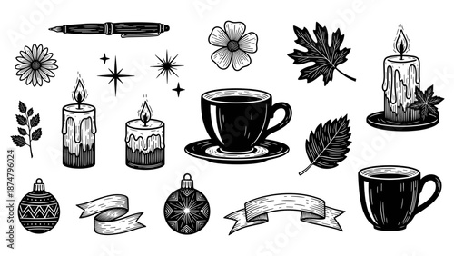 Black and illustration of candles leaves and decorative objects