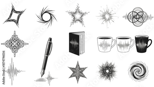 Collection of decorative and festive icons with various designs