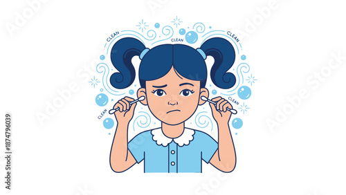 Young girl cleaning her ears with cotton swabs.