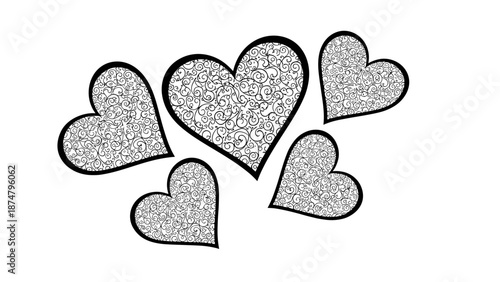 Collection of five textured hearts in various sizes and orientations