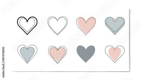 Set of seven pastel colored heart icons with outline style design
