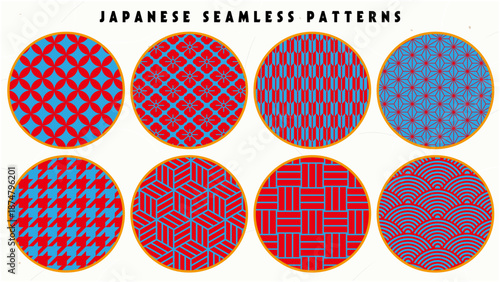 日本の伝統文様を集めたシームレスパターンセット　七宝・麻の葉・矢絣・市松・青系と赤系配色の和風幾何学背景素材