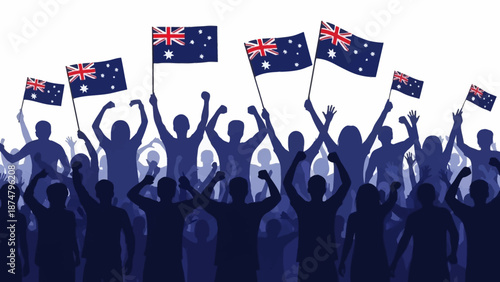 A crowd of people celebrating under Australian flags