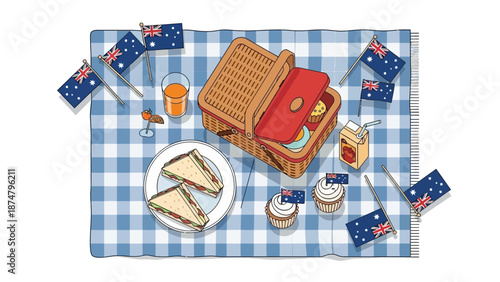 A cheerful Australian-themed picnic spread with sandwiches, cupcakes, and flags celebrating national pride and outdoor enjoyment