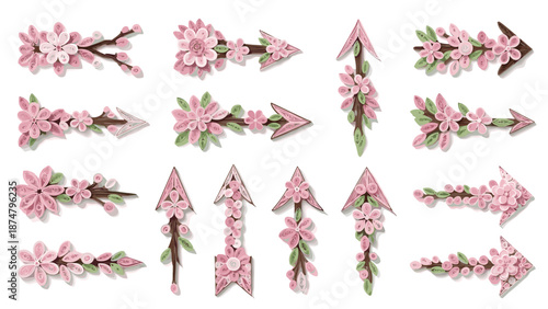 Set of pink floral arrows and decorative elements for design