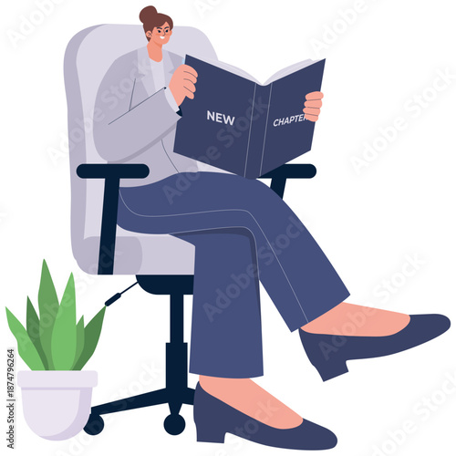 Fresh Start Illustration. Vector illustration of A professional reading a book titled new chapter,  representing personal growth and career development. Isolated on background