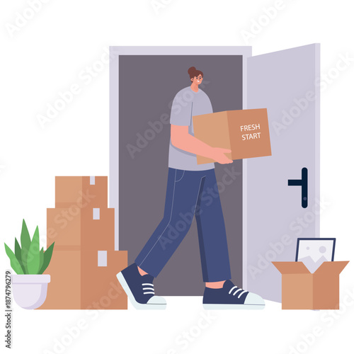 Fresh Start Illustration. Vector illustration of A person carrying a box labeled fresh start,  symbolizing change,  relocation,  or new beginnings. Isolated on background