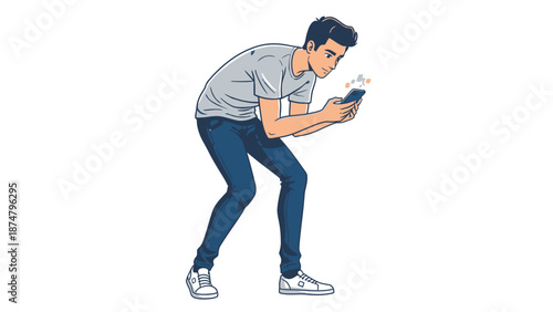 Young man hunched over, engrossed in his smartphone screen.